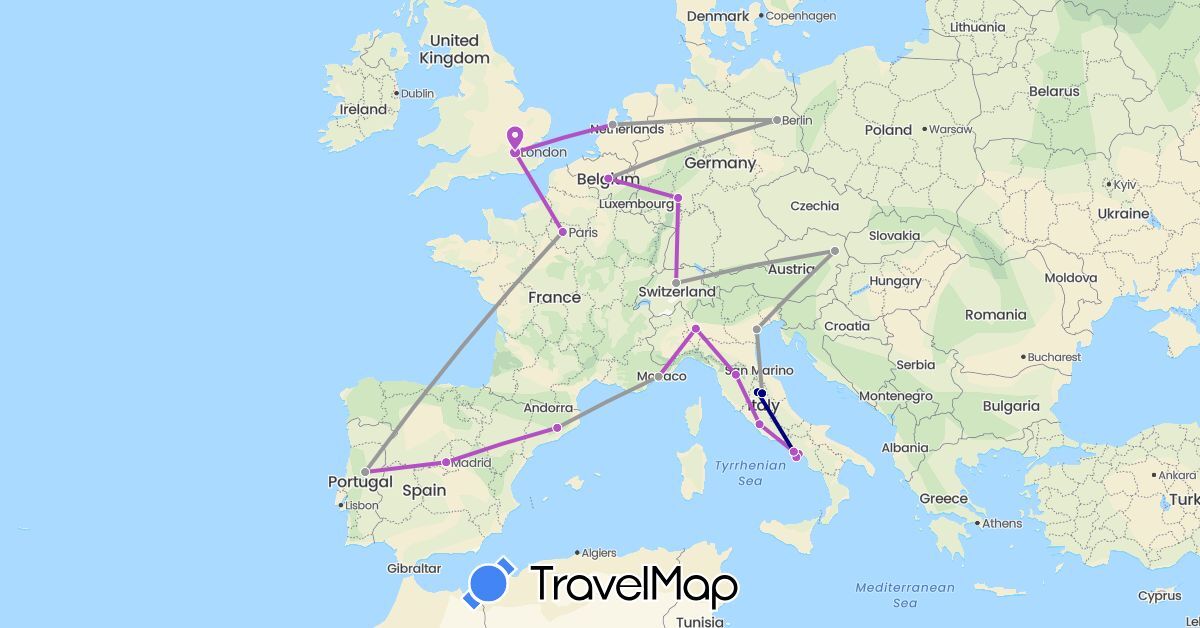 TravelMap itinerary: driving, plane, train in Austria, Belgium, Switzerland, Germany, Spain, France, United Kingdom, Italy, Netherlands, Portugal (Europe)